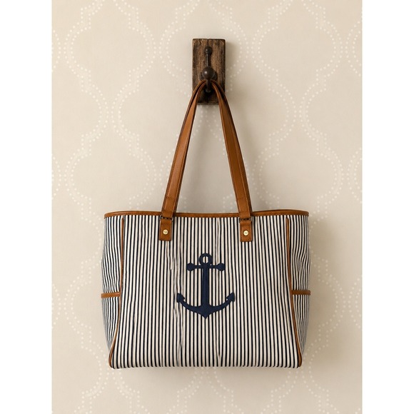 thirty-one Handbags - Thirty One Around Town Tote Nautical Anchor Striped Canvas Bag Large